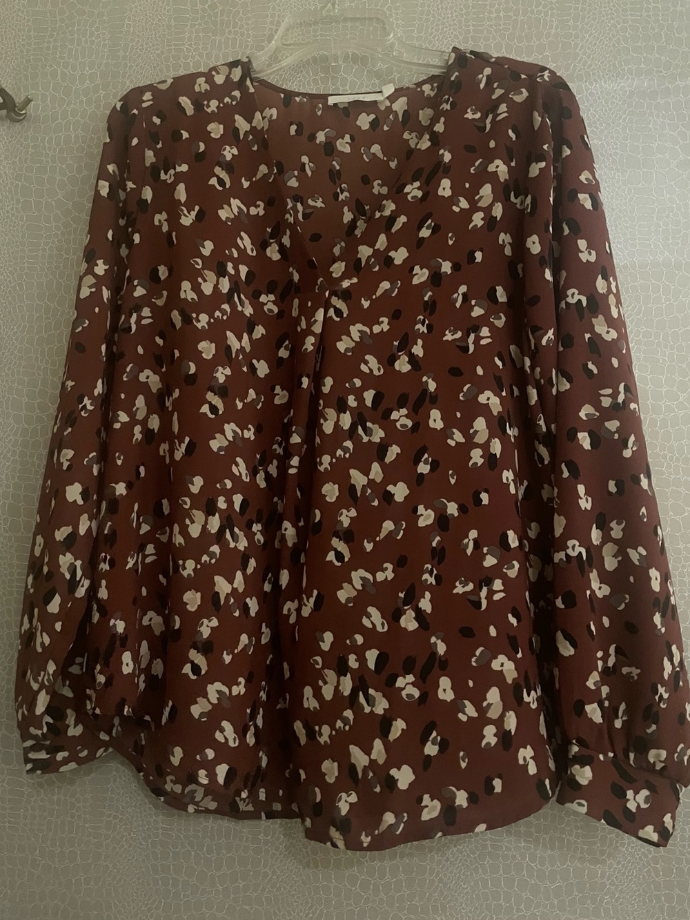 Lush Brown Long-Sleeve Printed Blouse with Cream & Black Accents
